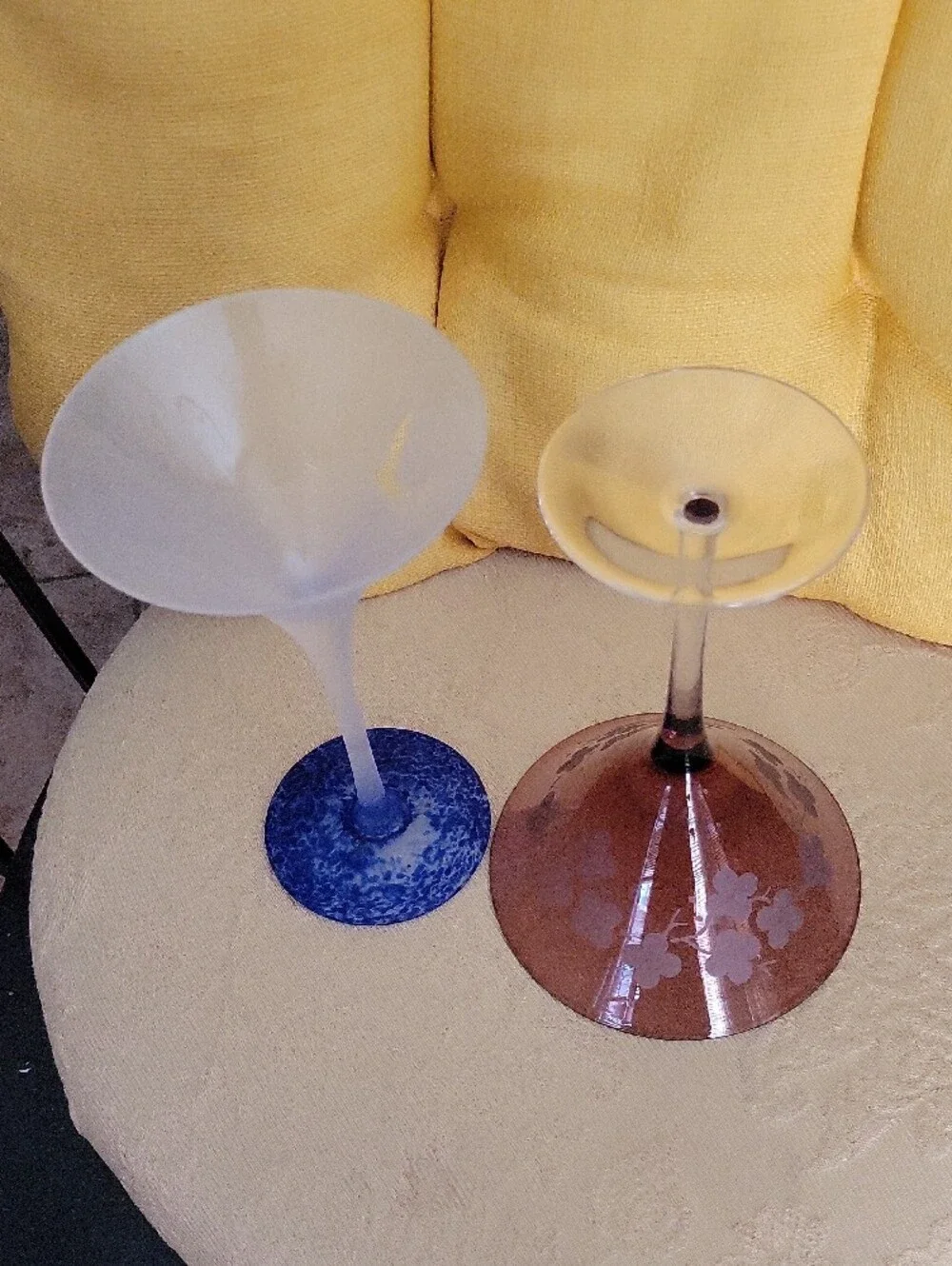 Elegant Blue-Base and Amber Etched Martini Glasses - Set of 2